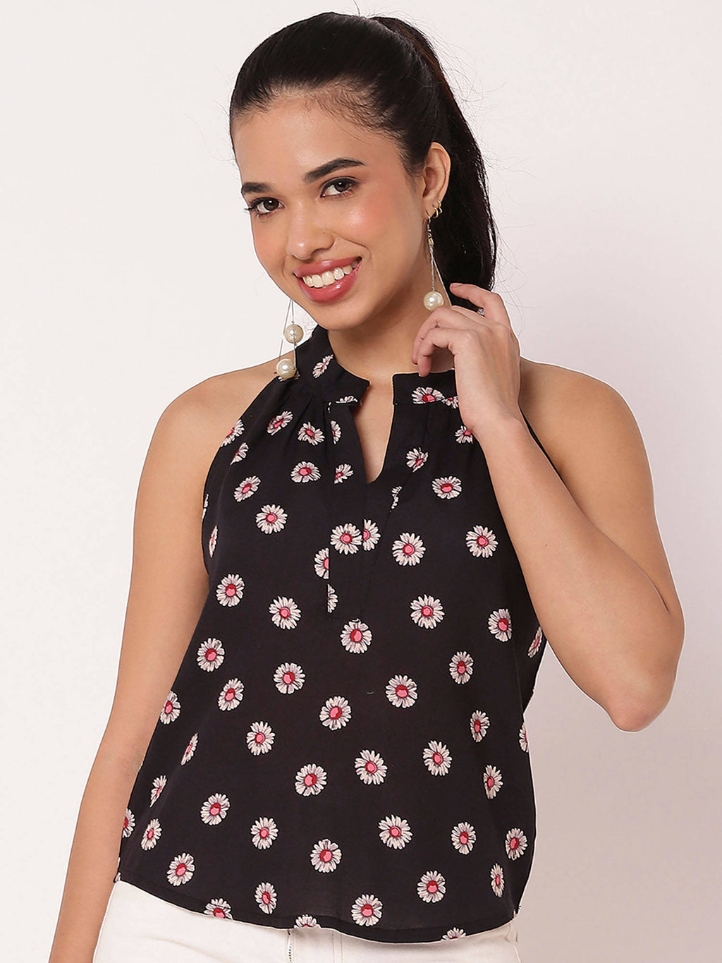 Black Sleeveless Halter Neck Comfortable Fit Top | HT67 - view 1