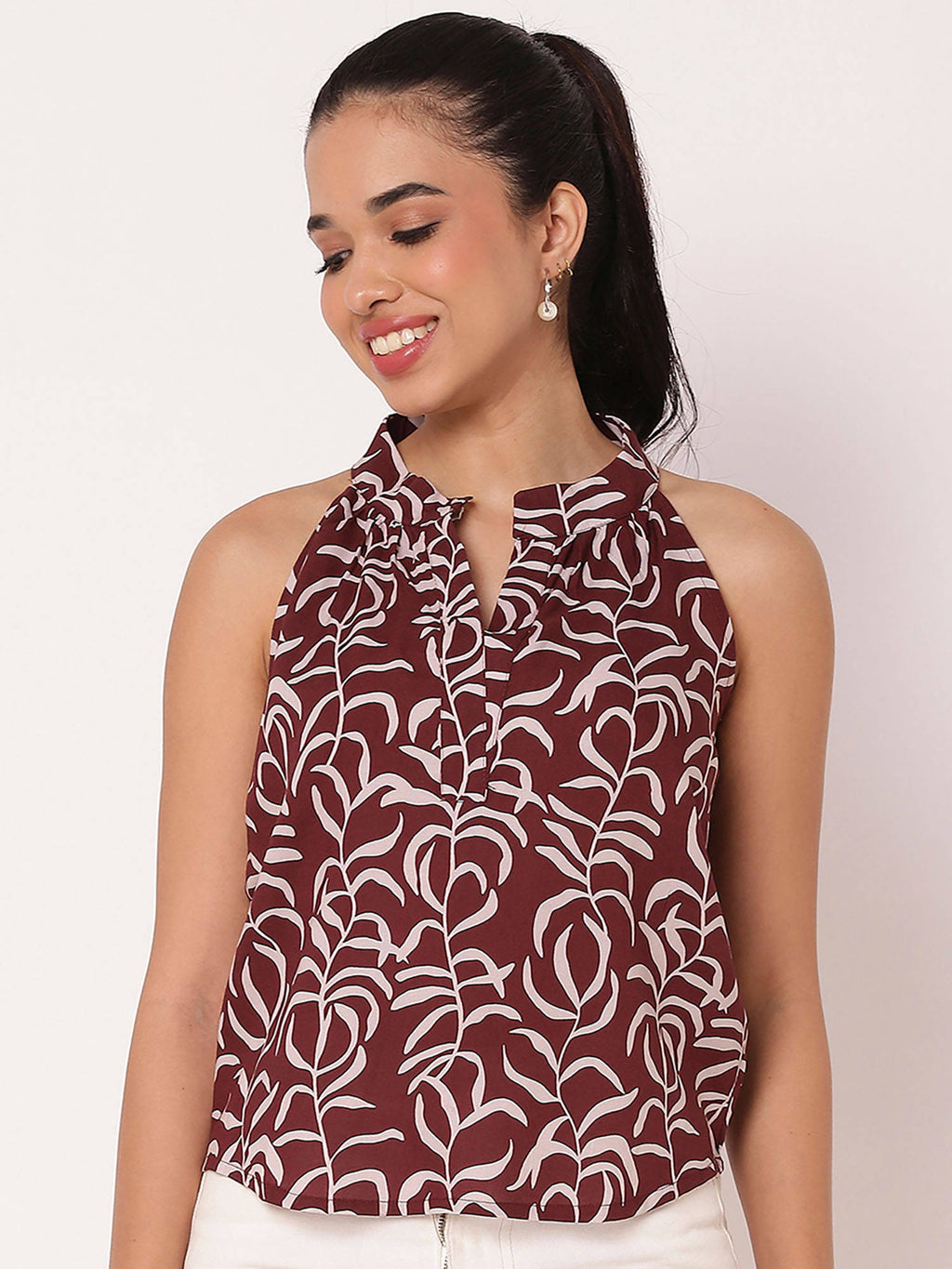 Maroon Sleeveless Halter Neck Comfortable Fit Top | HT67 - view 1