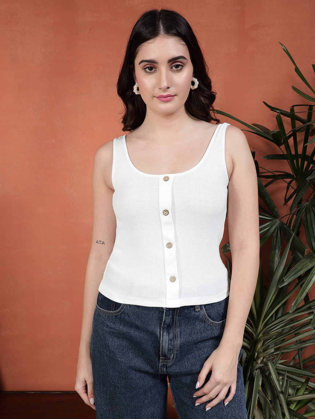 Women Lycra White Solid Scoop Neck Tank Top | TT98 - view 2
