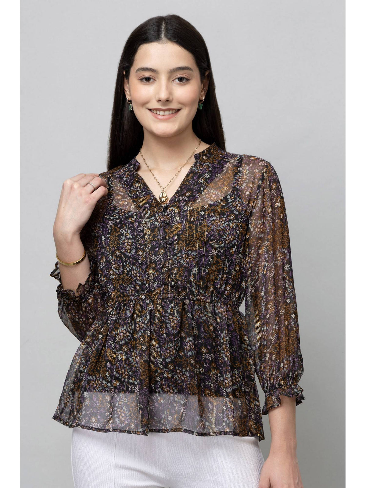 Women Black Cinched Waist Top | pt51 - view 1
