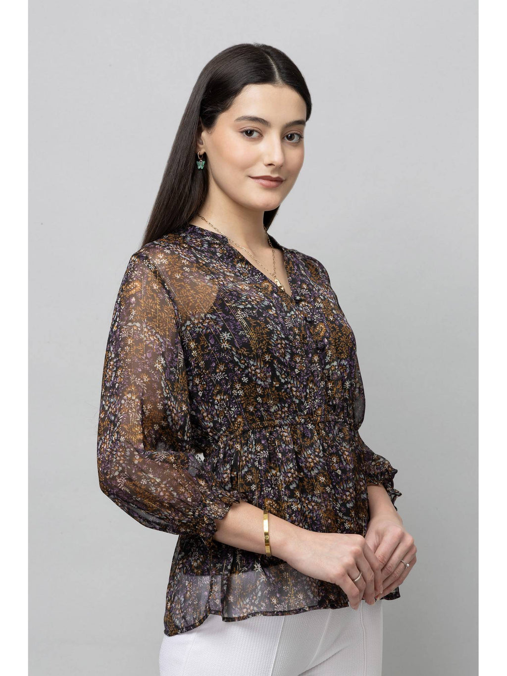 Women Black Cinched Waist Top | pt51 - view 3