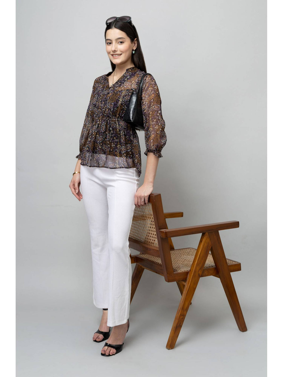 Women Black Cinched Waist Top | pt51 - view 4