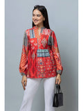 Women Cinched Waist Red Rayon Top | pt51 - view 1