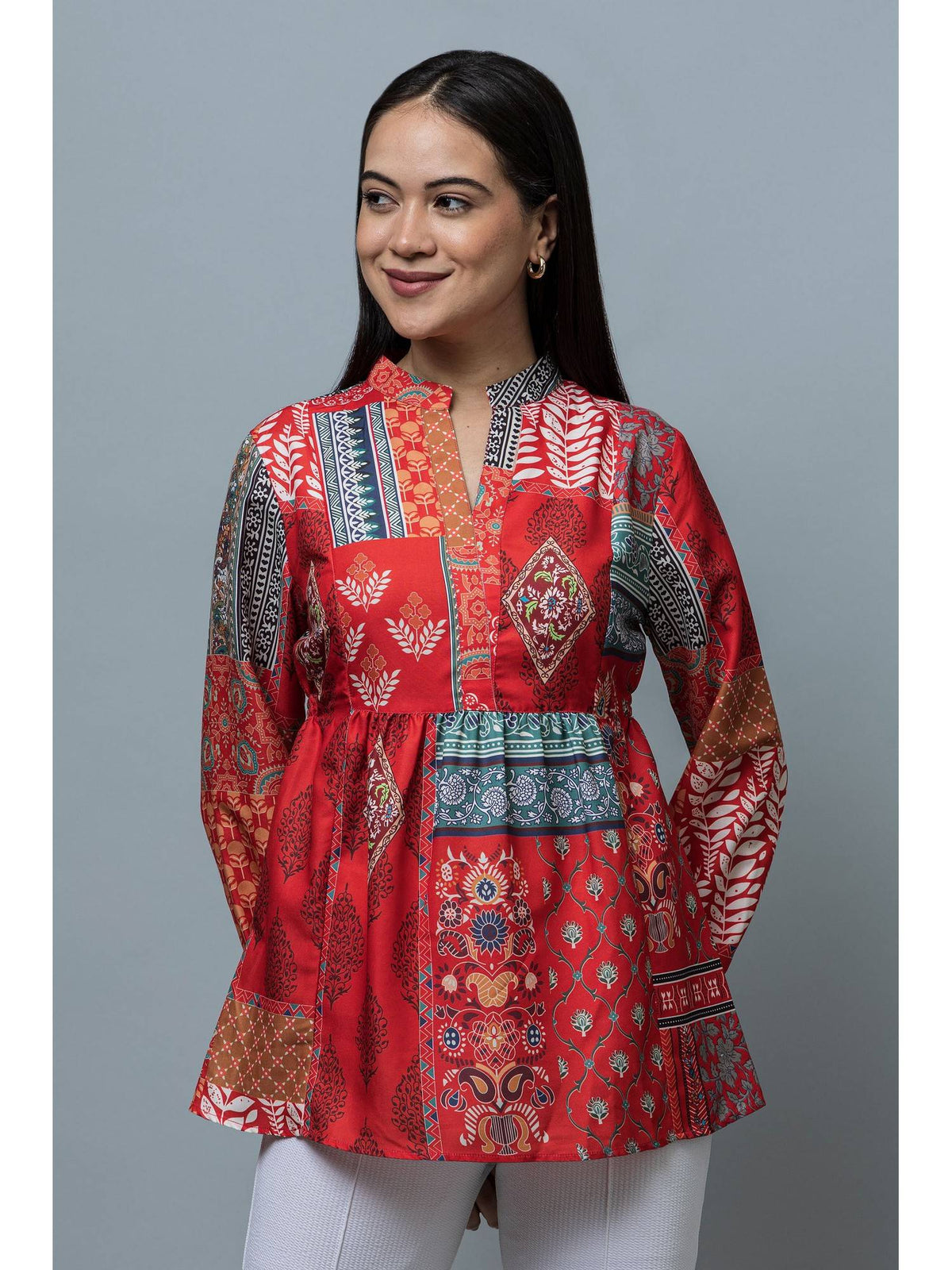 Women Cinched Waist Red Rayon Top | pt51 - view 3