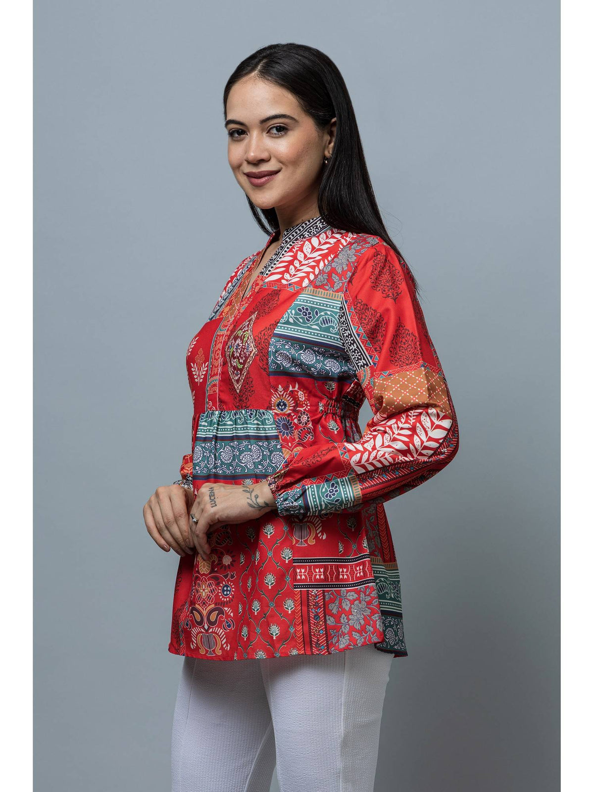 Women Cinched Waist Red Rayon Top | pt51 - view 4