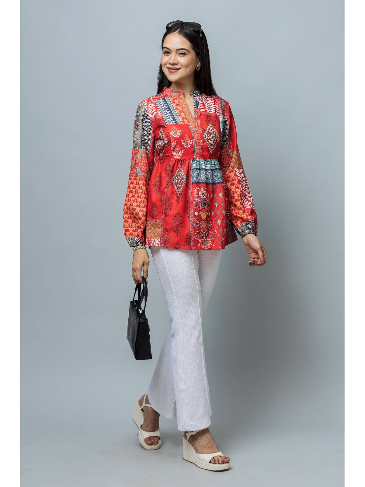 Women Cinched Waist Red Rayon Top | pt51 - view 5