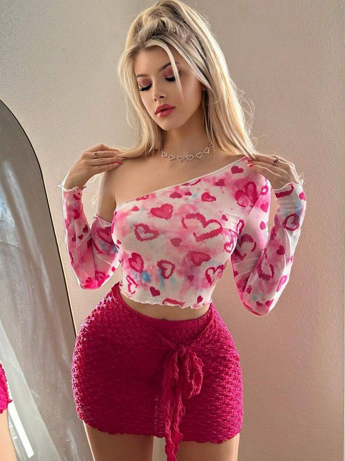 Women Net Pink Printed One Shoulder Crop Top | CT61 - view 3