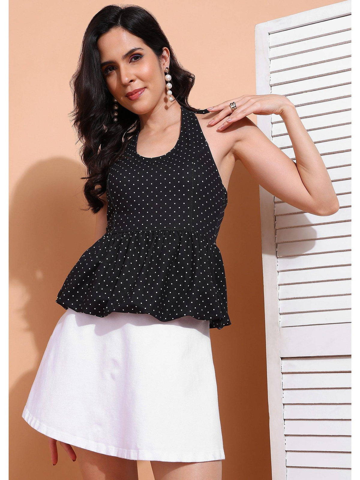 Women Black Sleeveless Halter Neck Polka Dots Top | HT67 - view 1
