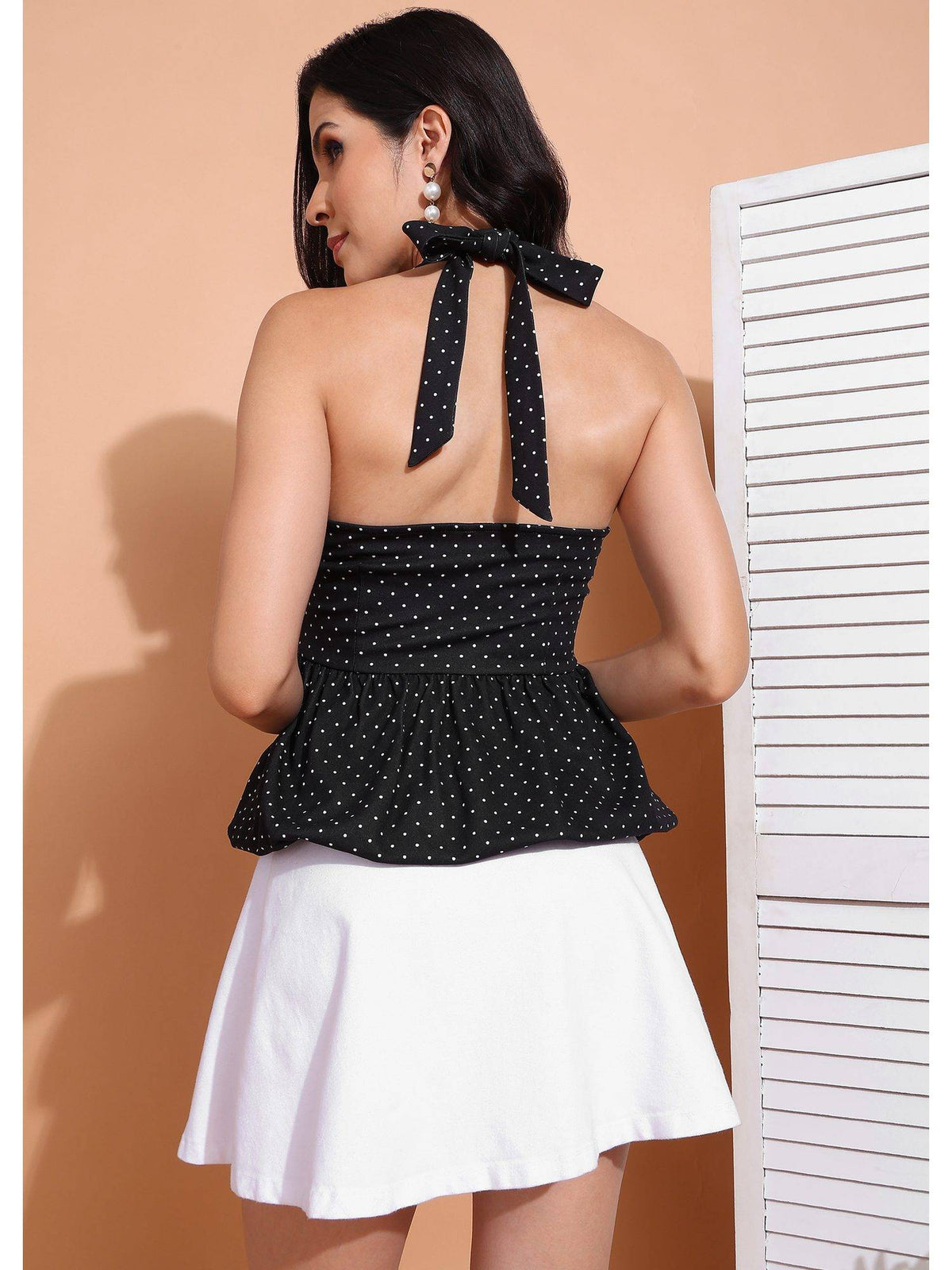 Women Black Sleeveless Halter Neck Polka Dots Top | HT67 - view 4