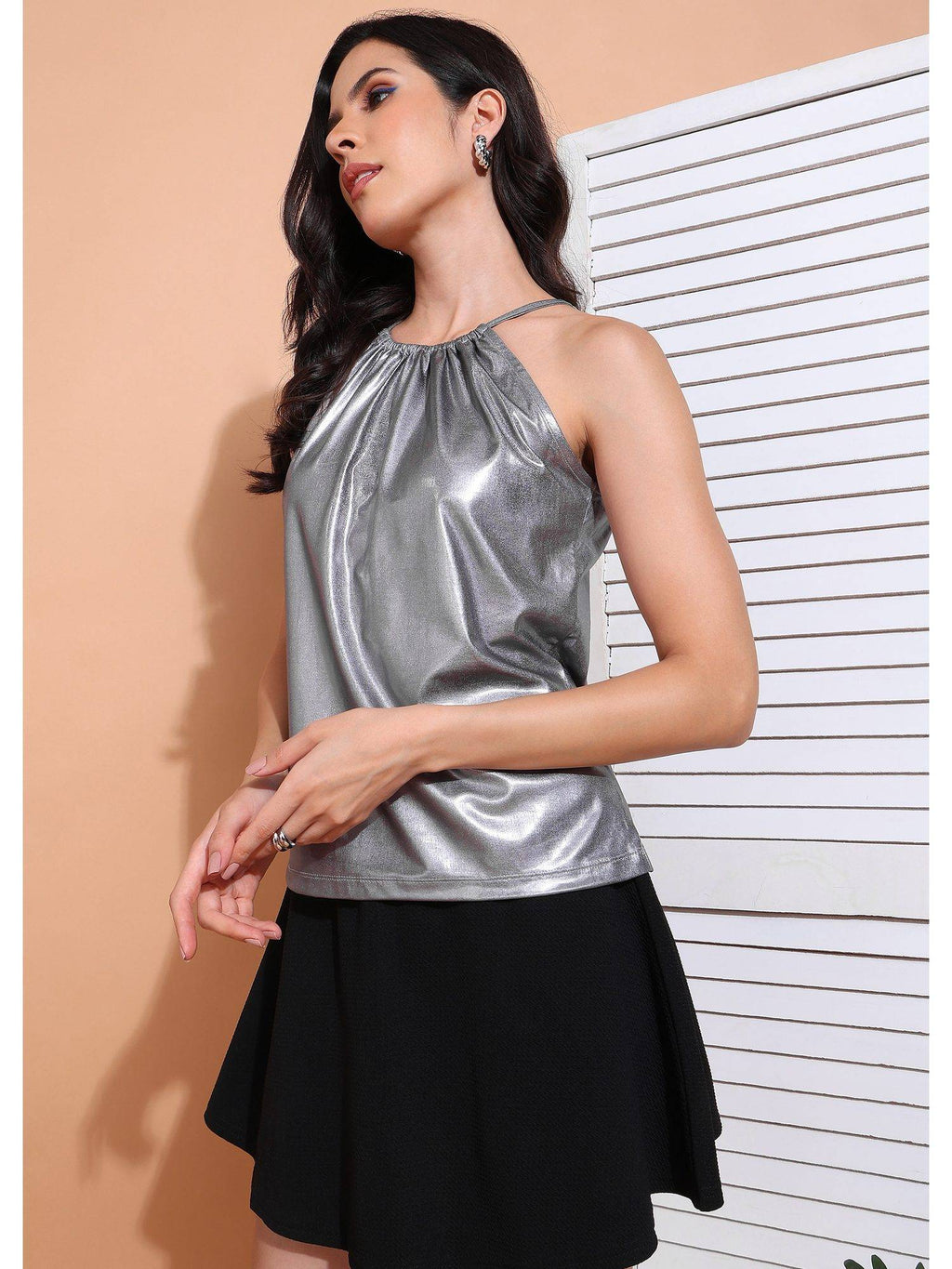 Women Silver Sleeveless Halter Neck Solid Top | HT67 - view 2