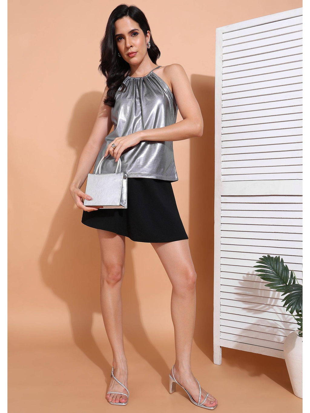 Women Silver Sleeveless Halter Neck Solid Top | HT67 - view 3