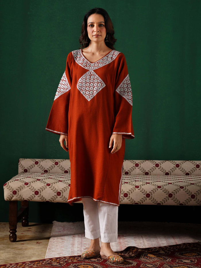 Orange Silver Boti Tilla Embroidered Winter Kurta | KDG - view 1