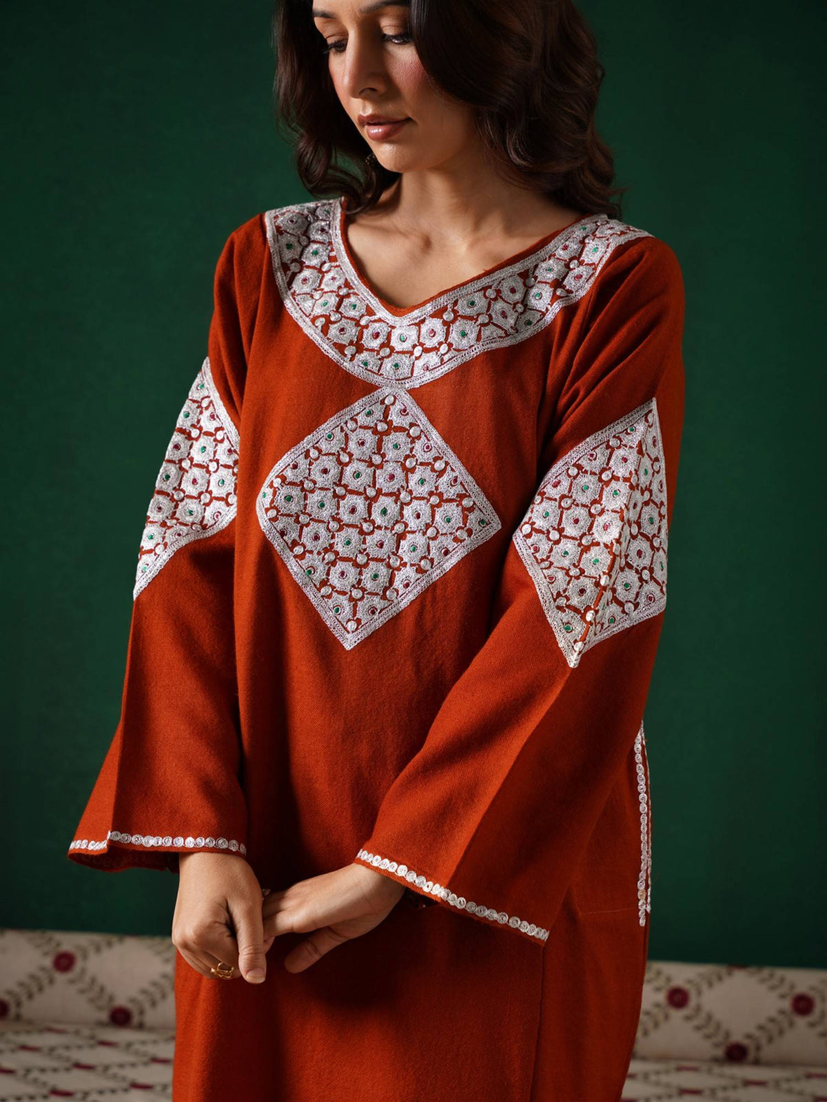 Orange Silver Boti Tilla Embroidered Winter Kurta | KDG - view 2