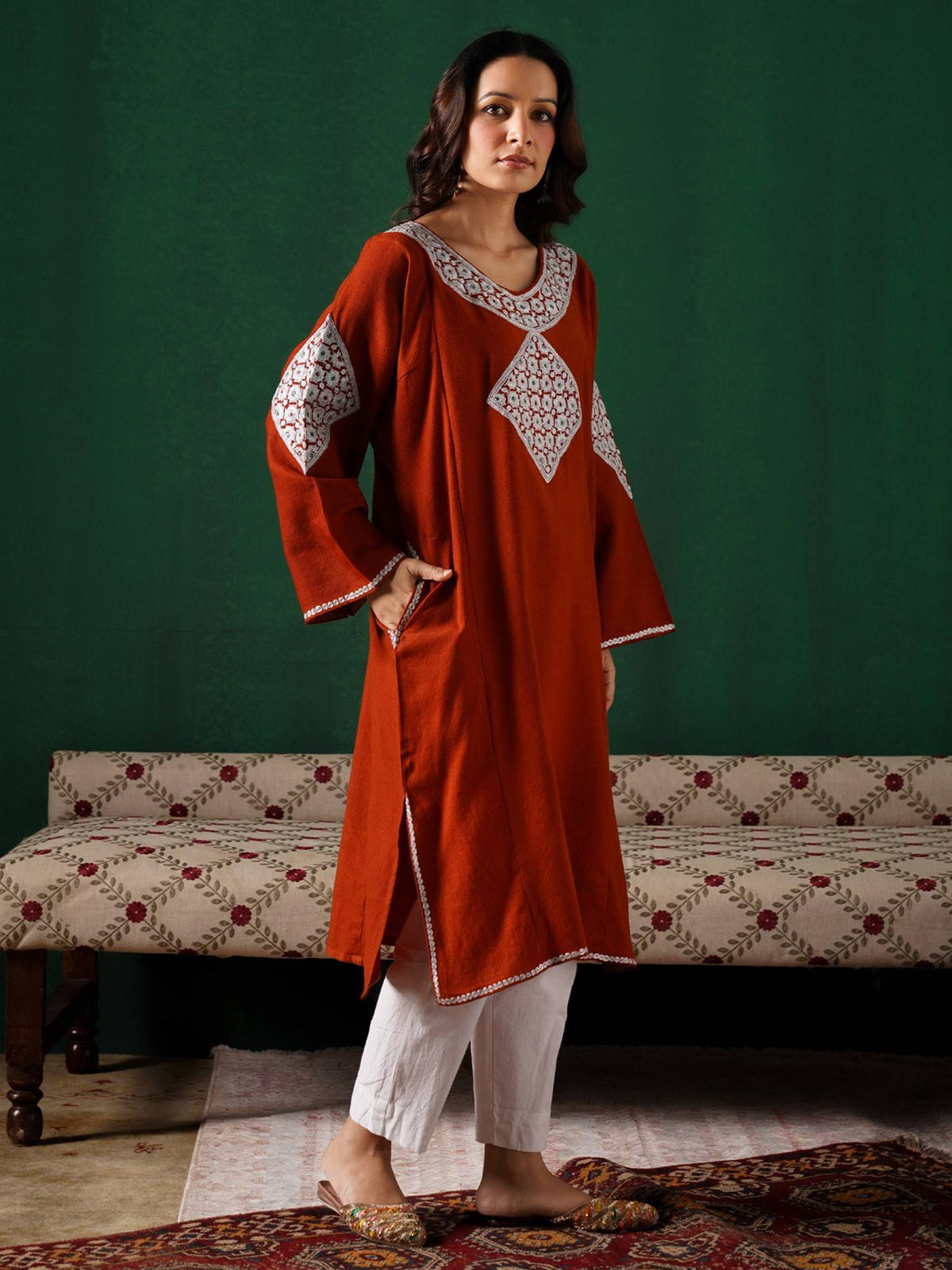 Orange Silver Boti Tilla Embroidered Winter Kurta | KDG - view 3