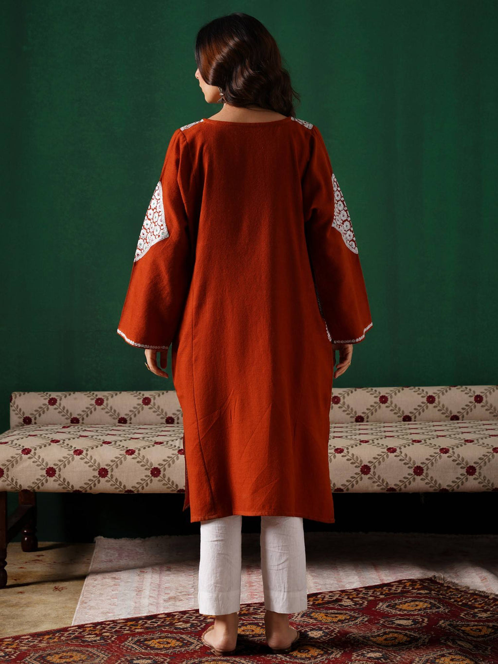 Orange Silver Boti Tilla Embroidered Winter Kurta | KDG - view 4