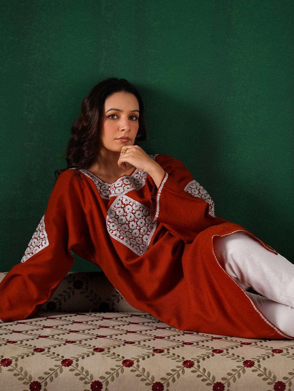 Orange Silver Boti Tilla Embroidered Winter Kurta | FY93 - view 5