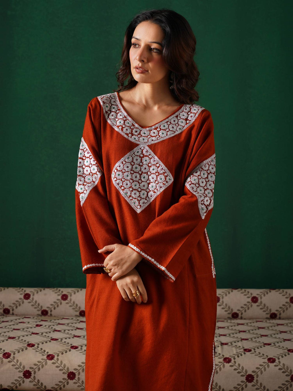 Orange Silver Boti Tilla Embroidered Winter Kurta | KDG - view 7