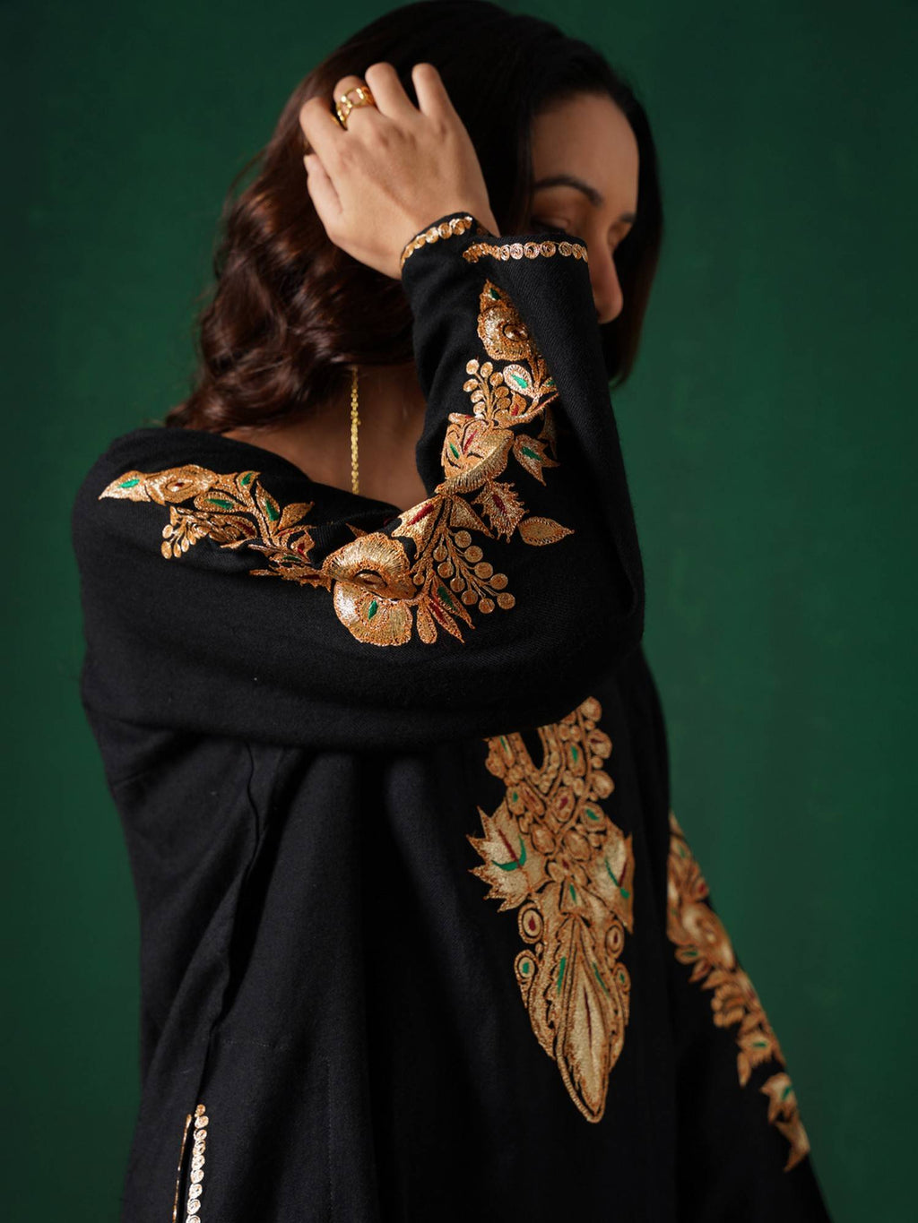 Golden Boti Tilla Embroidered Black Cashmilion Winter Kurta | KDG - view 2