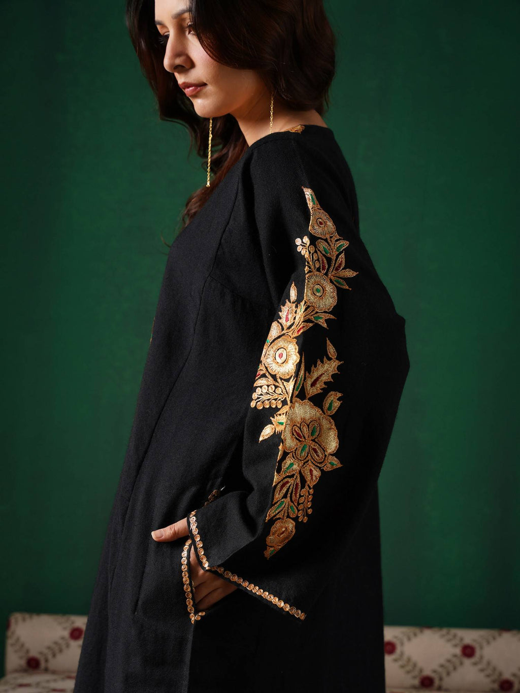 Golden Boti Tilla Embroidered Black Cashmilion Winter Kurta | KDG - view 3