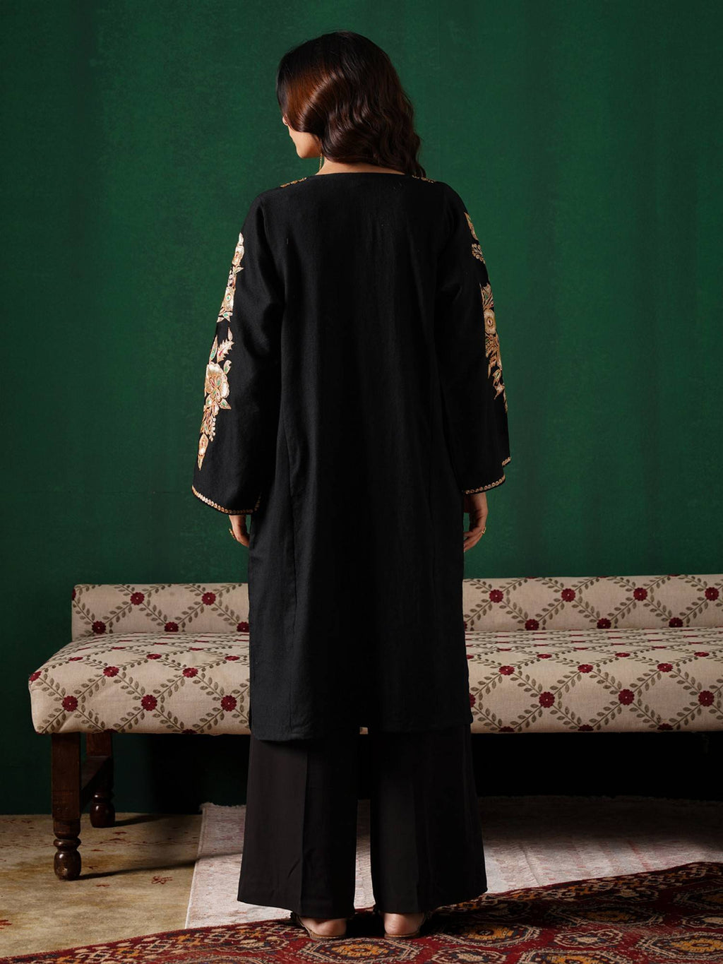 Golden Boti Tilla Embroidered Black Cashmilion Winter Kurta | KDG - view 4