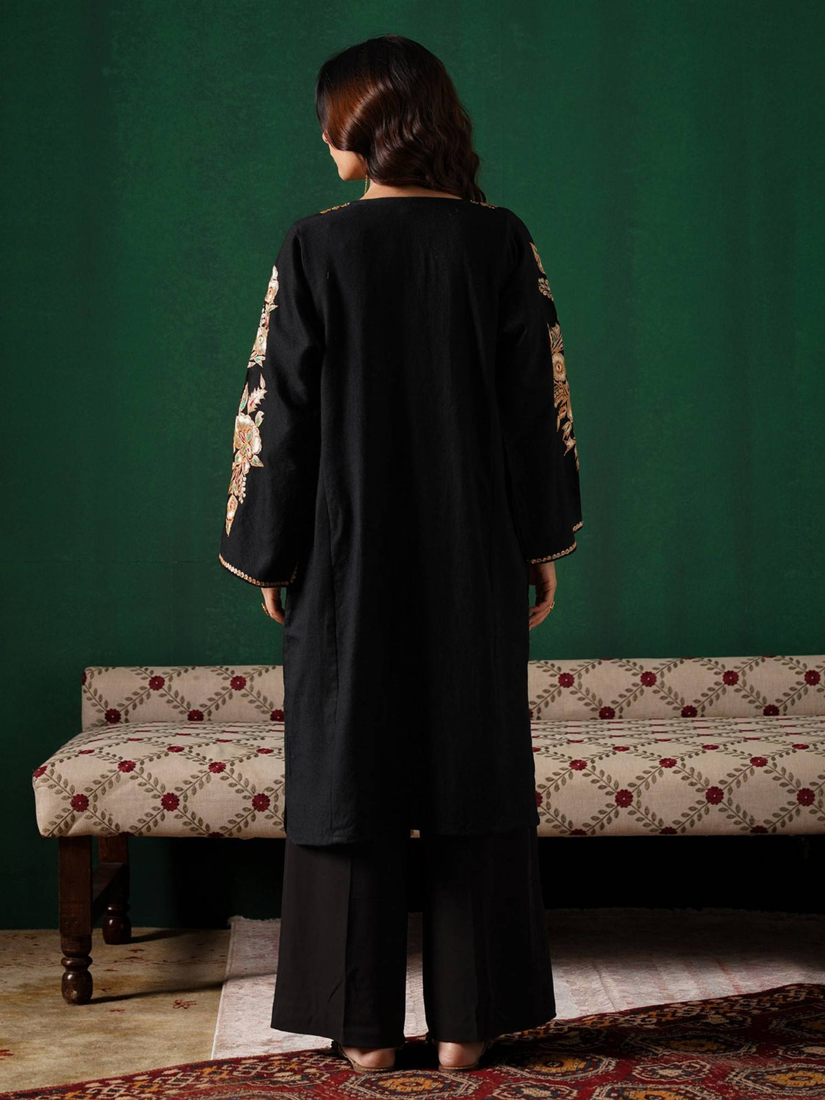 Golden Boti Tilla Embroidered Black Cashmilion Winter Kurta | KDG - view 4
