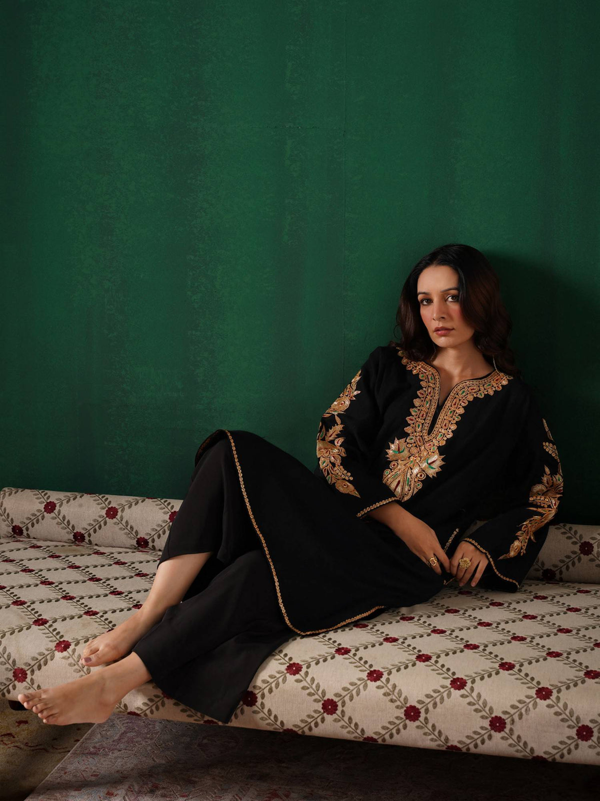 Golden Boti Tilla Embroidered Black Cashmilion Winter Kurta | KDG - view 5