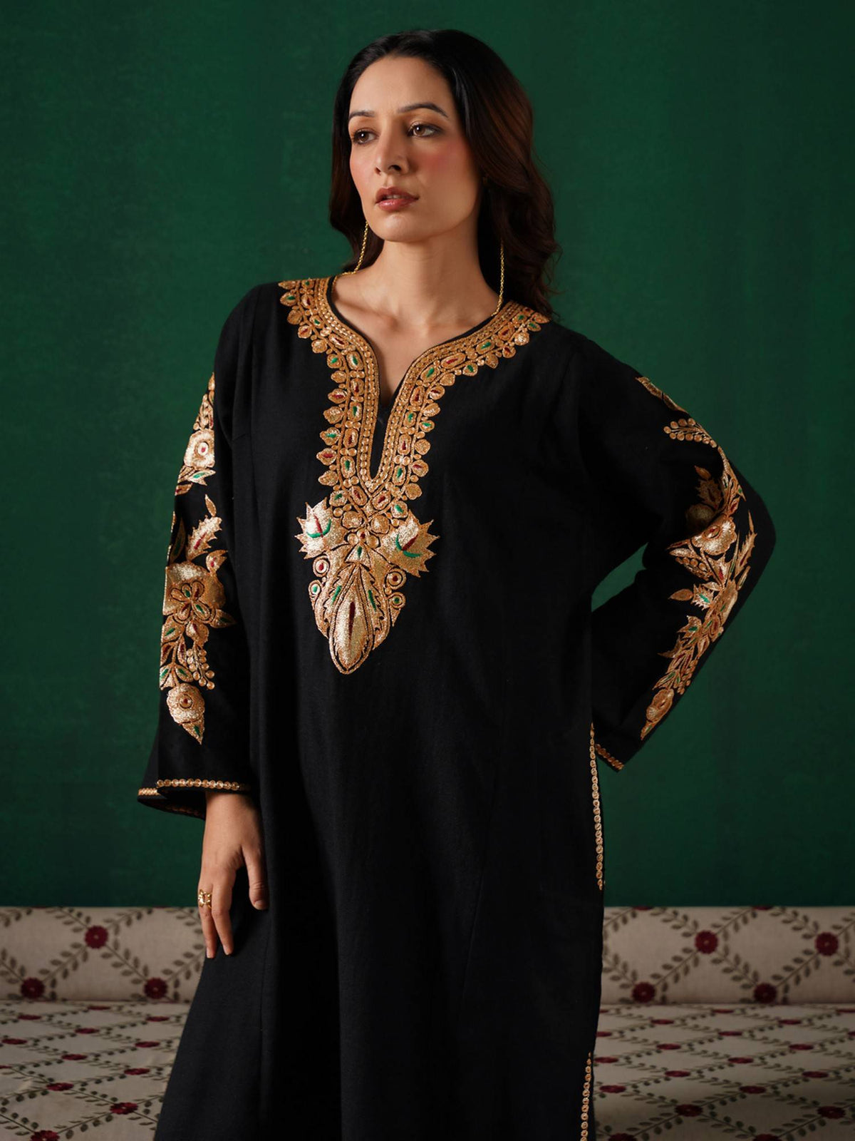 Golden Boti Tilla Embroidered Black Cashmilion Winter Kurta | KDG - view 6