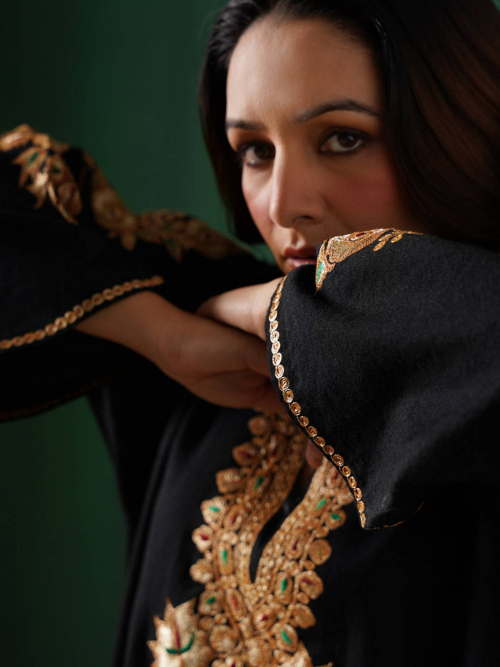 Golden Boti Tilla Embroidered Black Cashmilion Winter Kurta | KDG - view 7