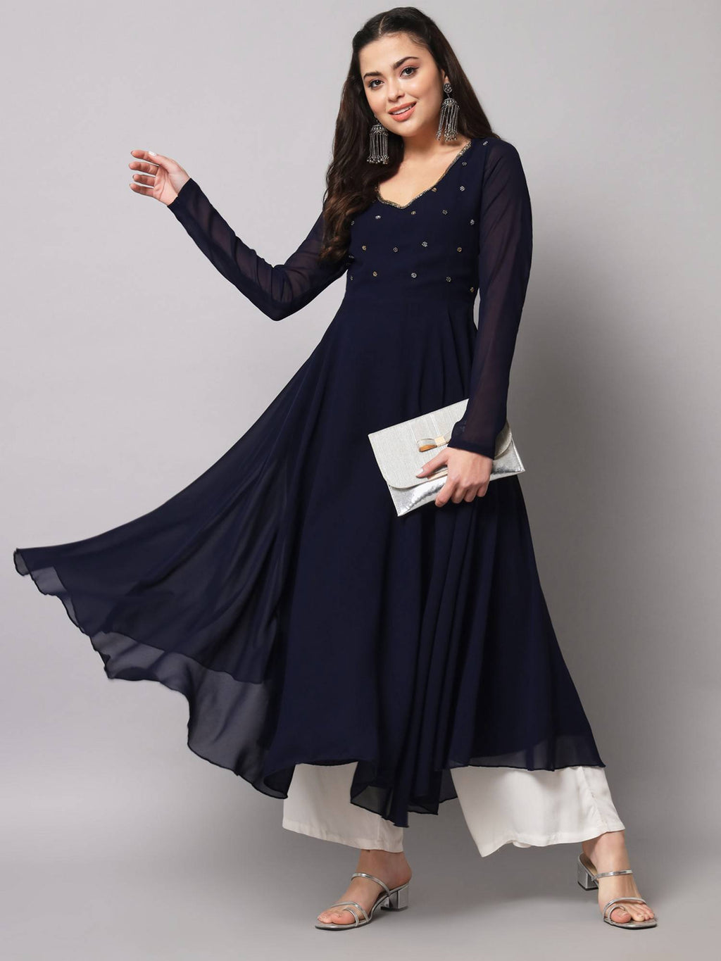 Women Blue Georgette Handwork Anarkali Kurta | U3S - view 6