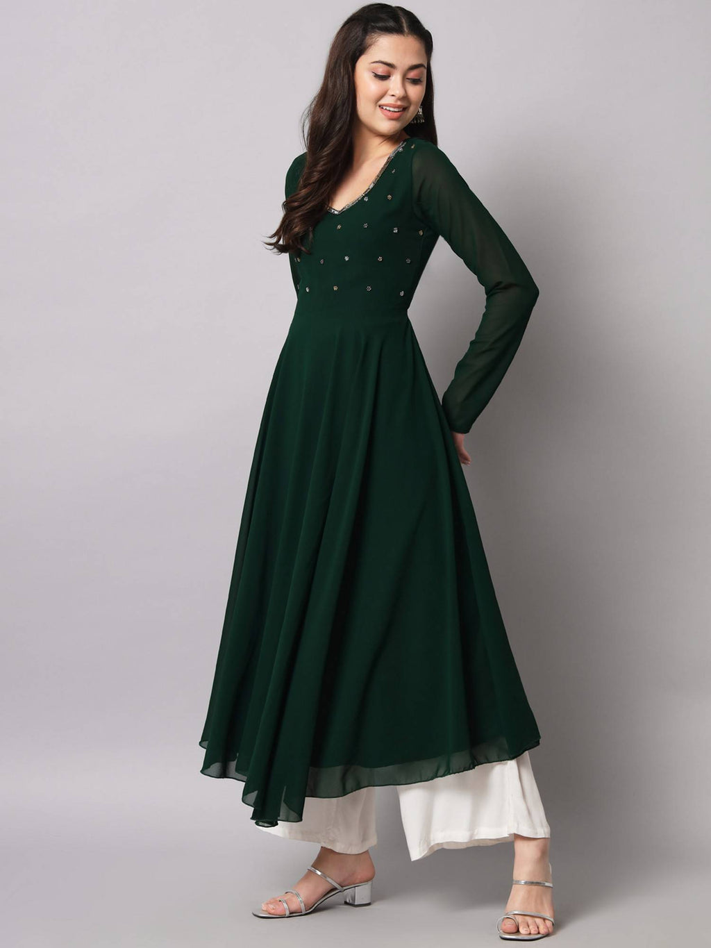 Women Green Georgette Handwork Anarkali Kurta | FY93 - view 3