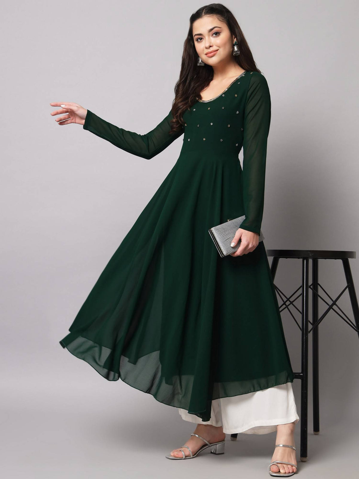 Women Green Georgette Handwork Anarkali Kurta | FY93 - view 6