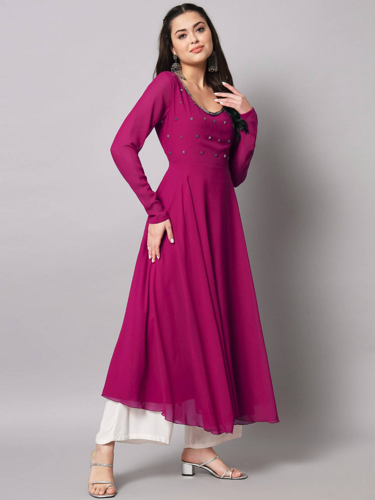Women Pink Georgette Handwork Anarkali Kurta | FY93 - view 5