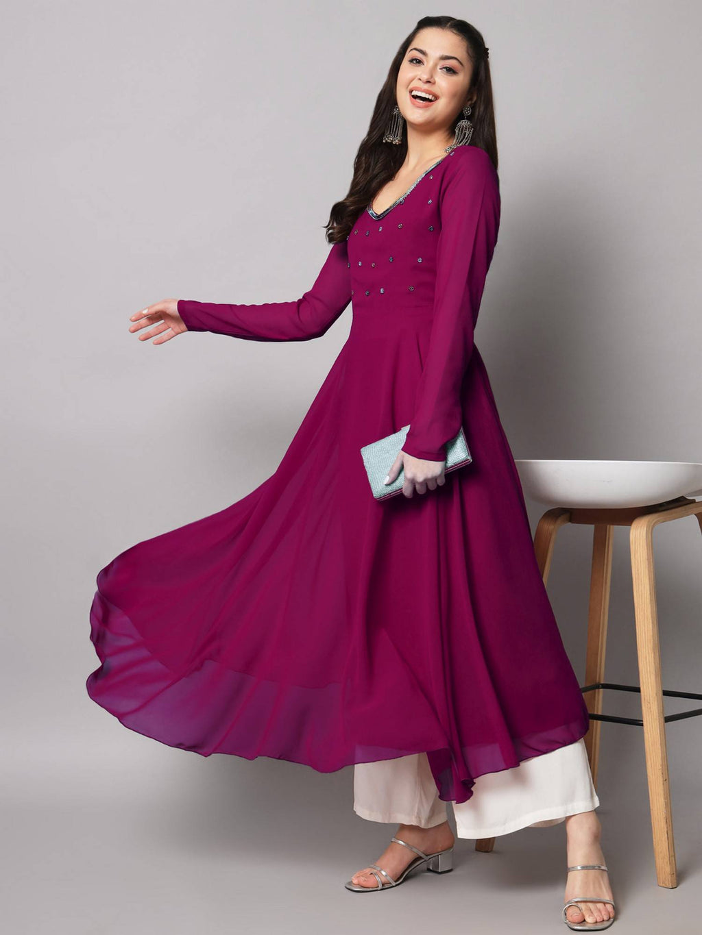 Women Pink Georgette Handwork Anarkali Kurta | U3S - view 6