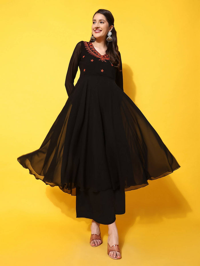 Women Black Ethnic Motifs Aari Work Georgette Anarkali Kurta | U3S - view 1