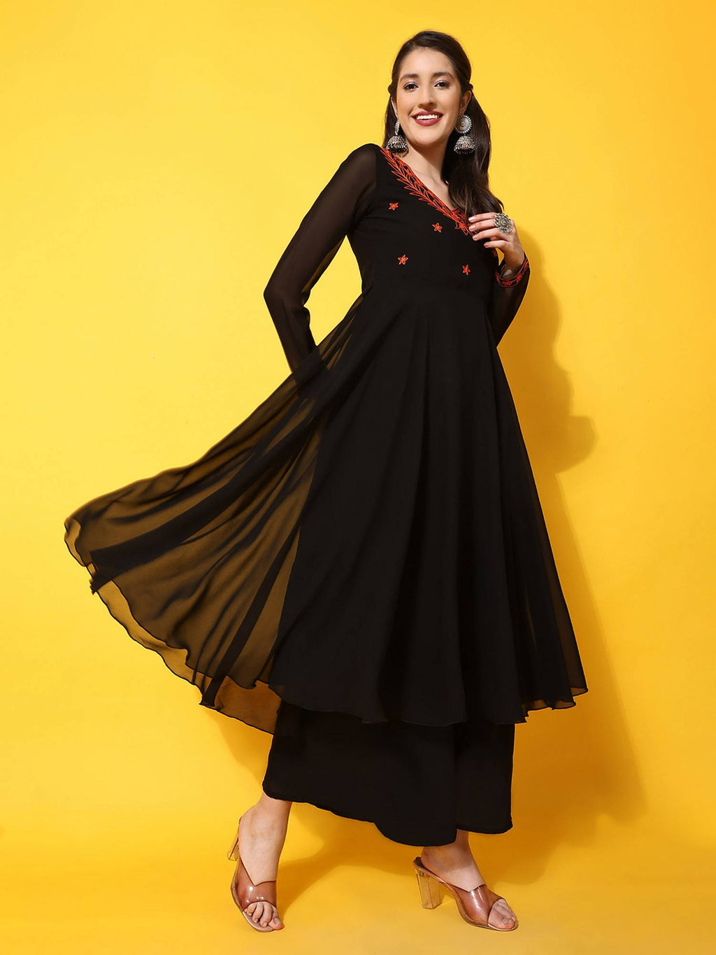 Women Black Ethnic Motifs Aari Work Georgette Anarkali Kurta | KDG - view 2