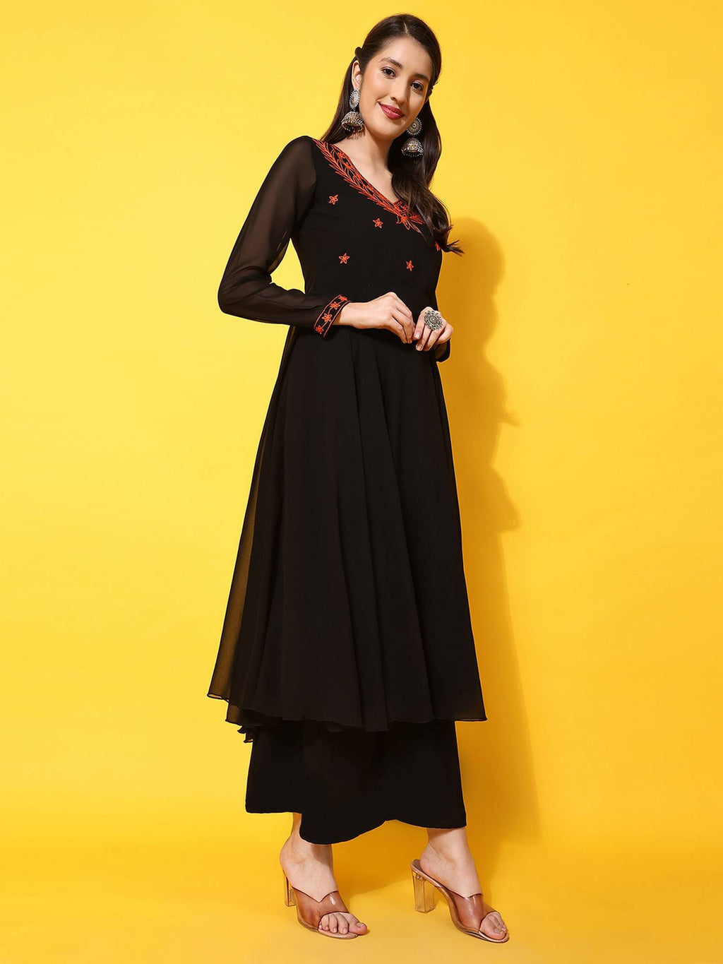 Women Black Ethnic Motifs Aari Work Georgette Anarkali Kurta | KDG - view 6