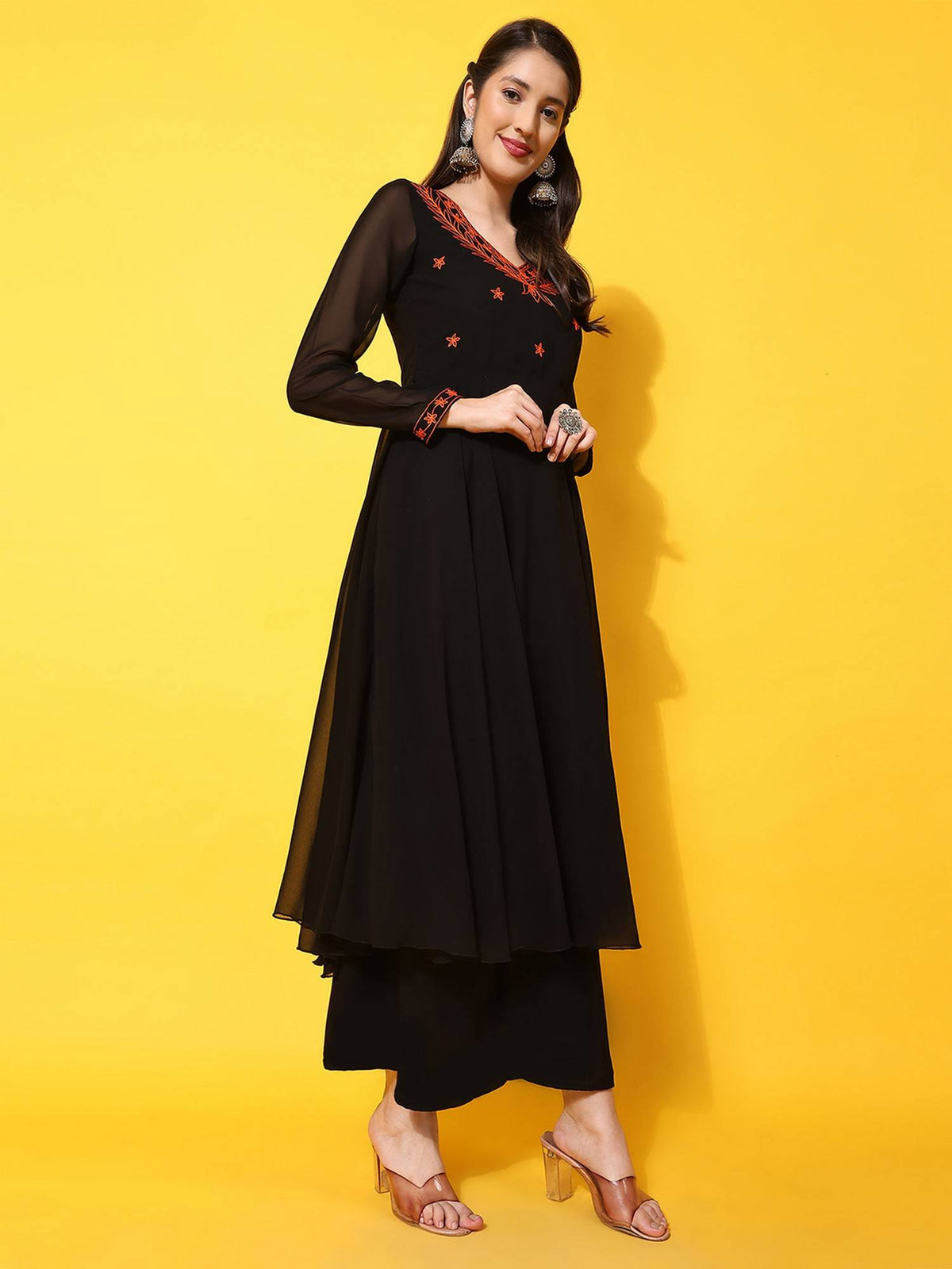 Women Black Ethnic Motifs Aari Work Georgette Anarkali Kurta | KDG - view 6