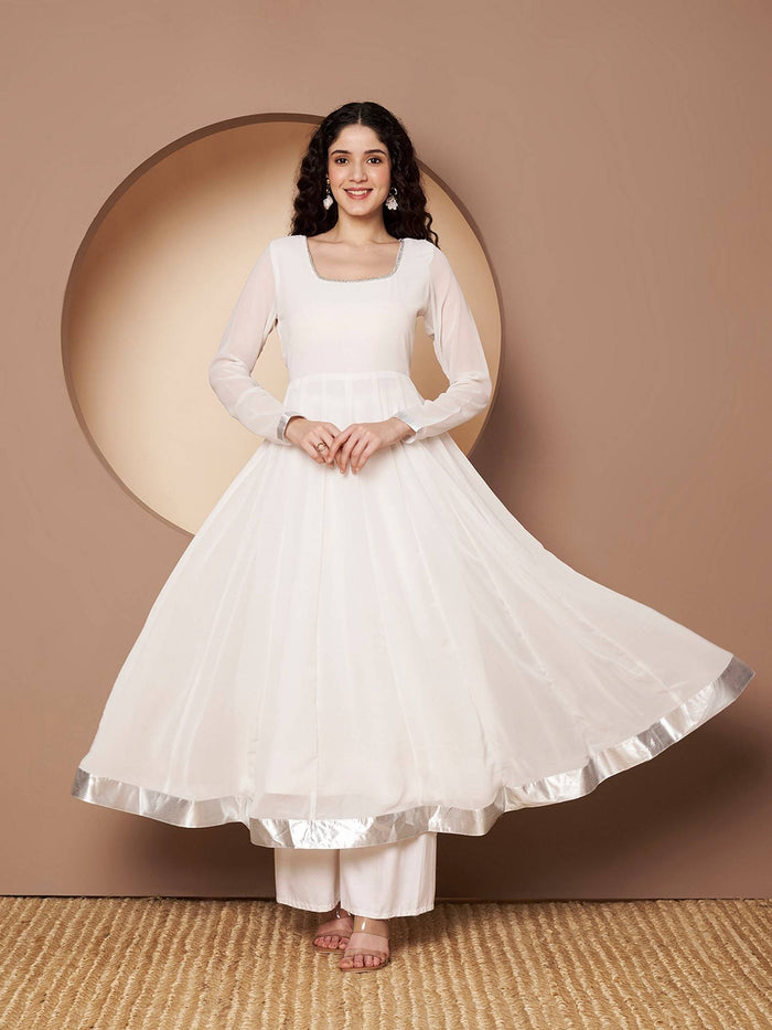 Women Off-White Georgette Hand Embroidery Anarkali Kurta | FY93 - view 1
