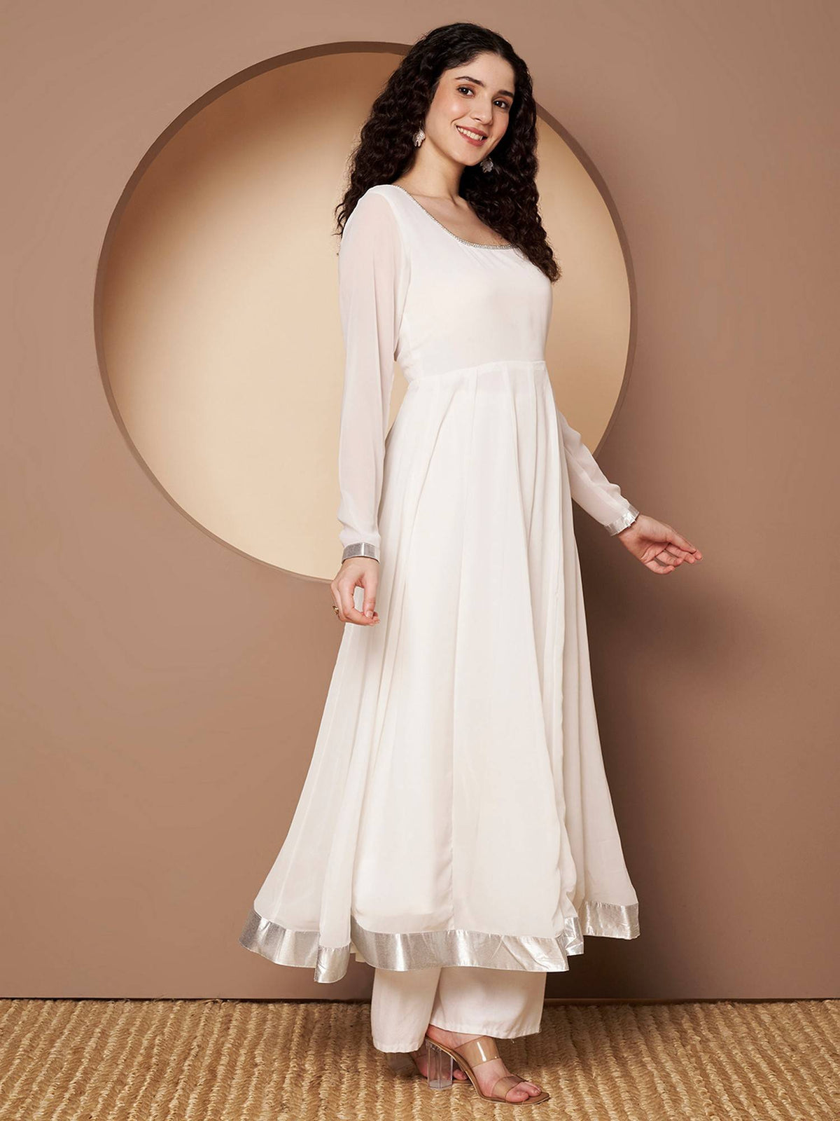 Women Off-White Georgette Hand Embroidery Anarkali Kurta | KDG - view 5