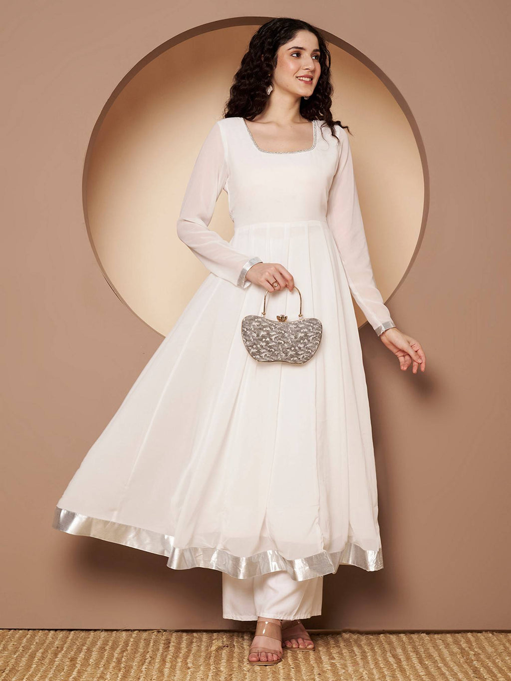 Women Off-White Georgette Hand Embroidery Anarkali Kurta | U3S - view 6