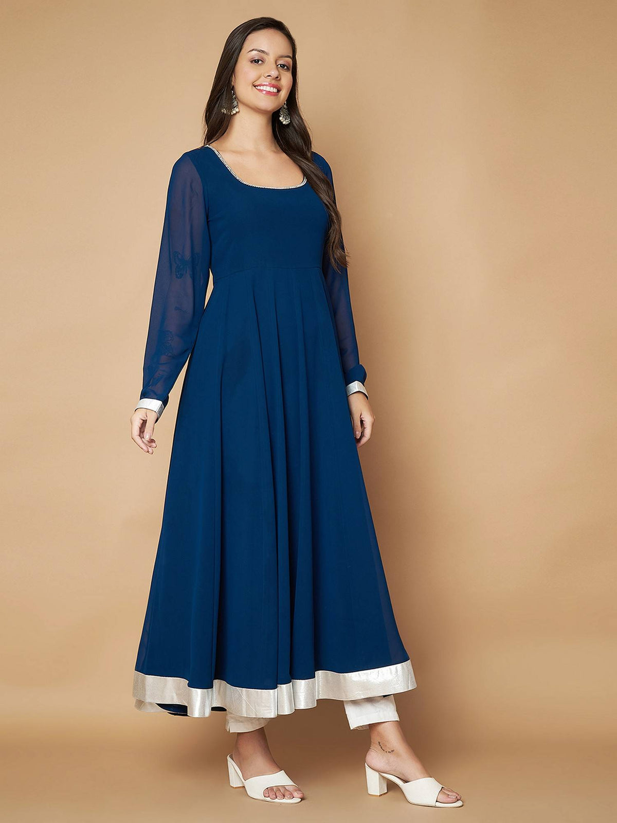 Women Off-White Georgette Hand Embroidery Anarkali Kurta | FY93 - view 50