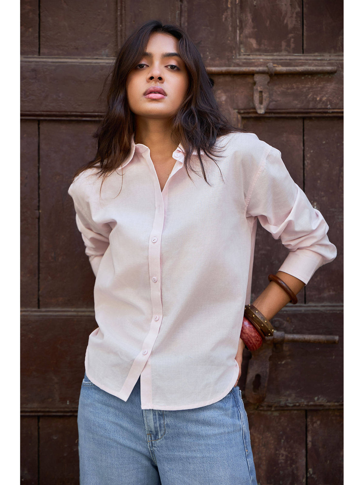 Baby Pink Solid Relaxed Fit Linen Shirt | S67 - view 1