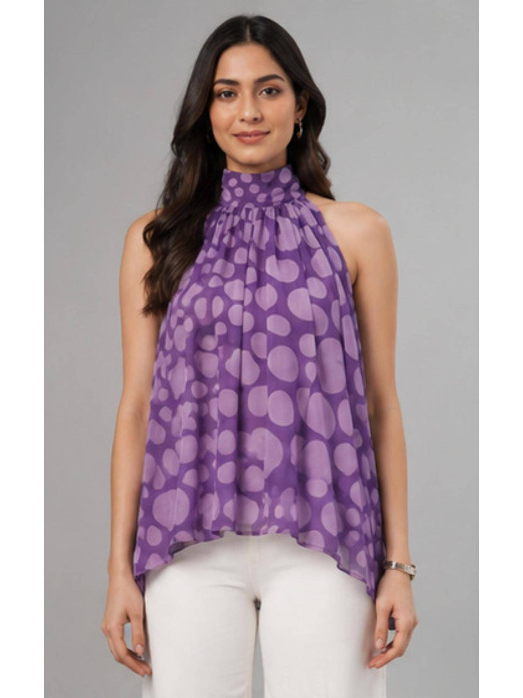 Women Purple Printed High-Neck Flared Top | HT67 - view 1