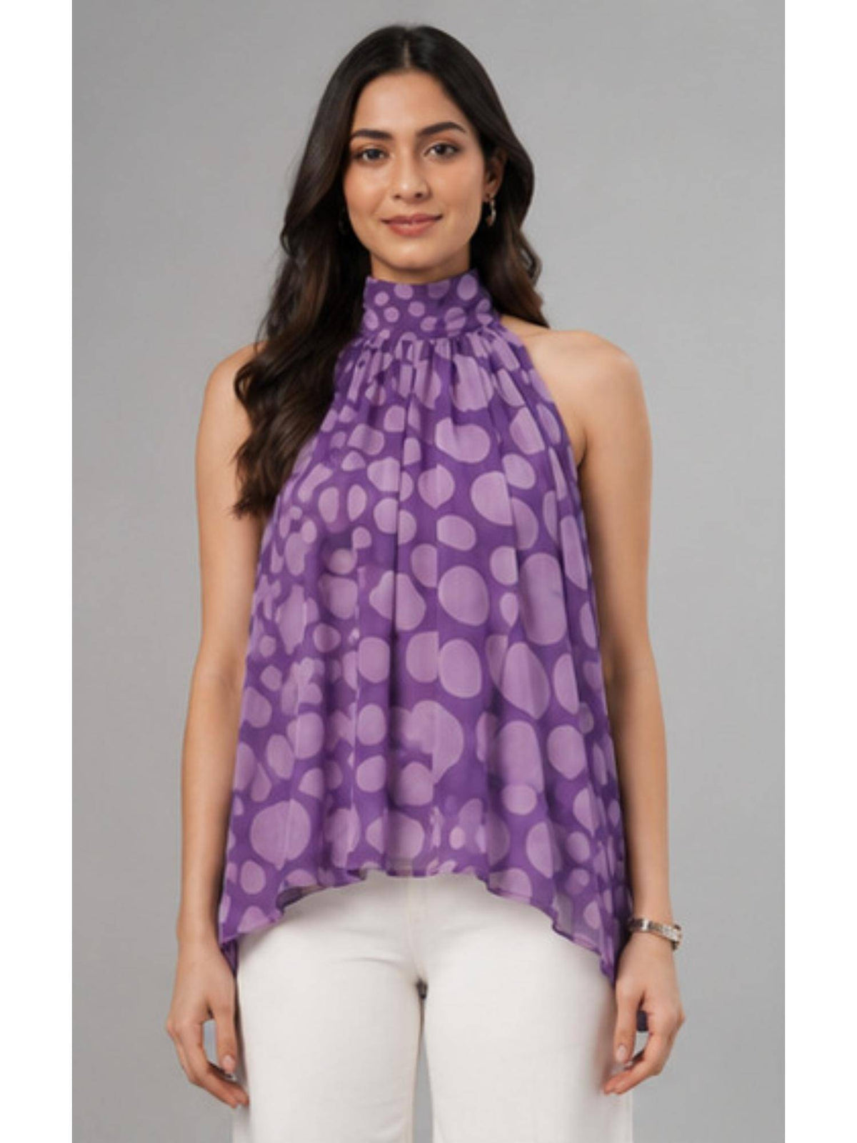 Women Purple Printed High-Neck Flared Top | HT67 - view 1