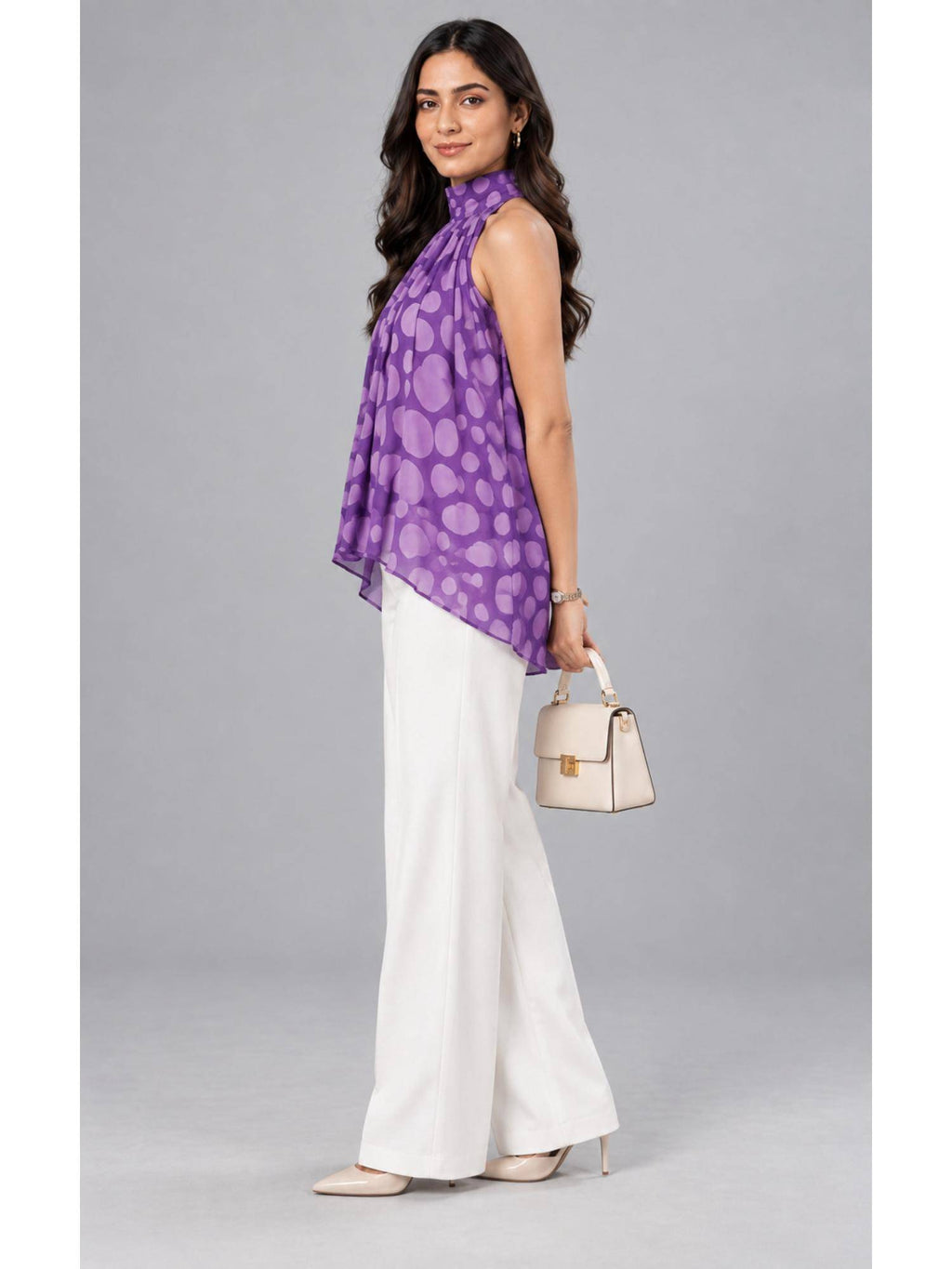 Women Purple Printed High-Neck Flared Top | HT67 - view 2