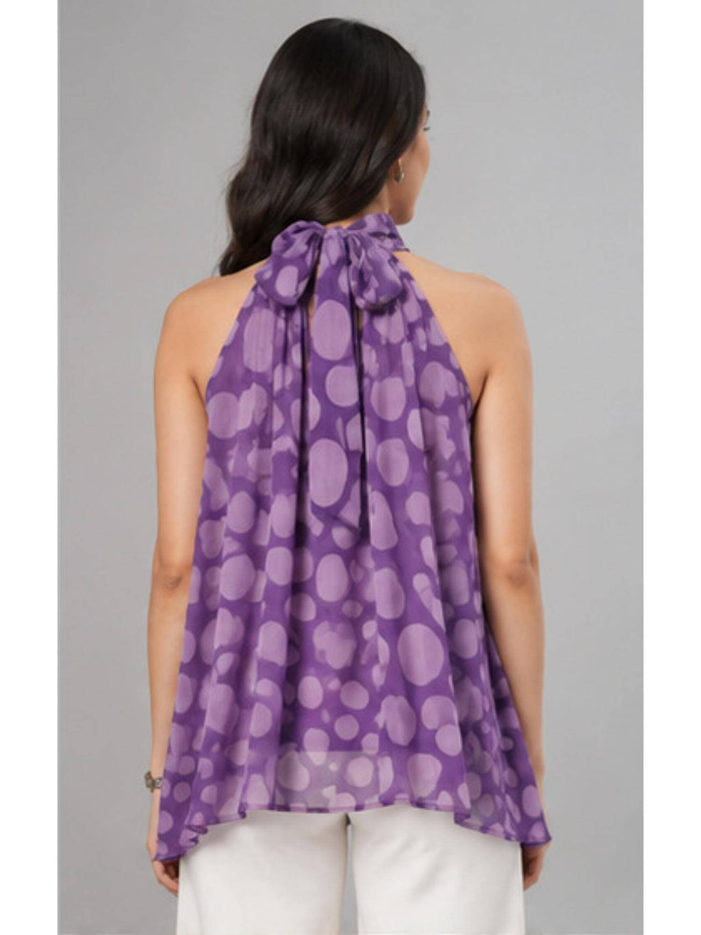 Women Purple Printed High-Neck Flared Top | HT67 - view 3