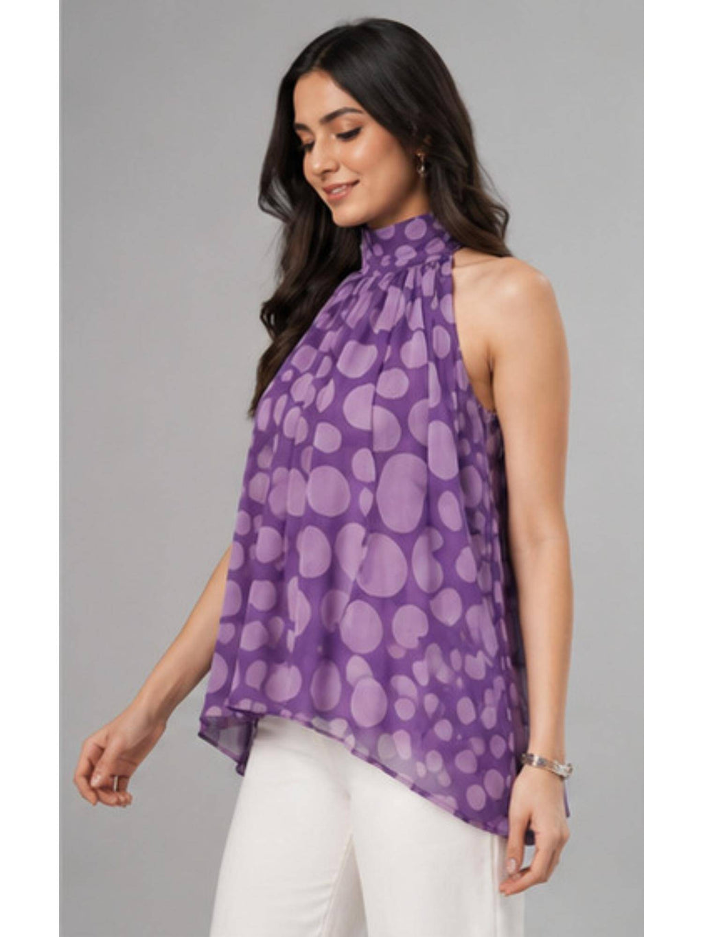 Women Purple Printed High-Neck Flared Top | HT67 - view 4