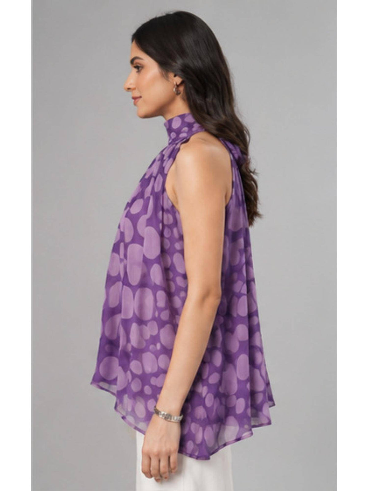 Women Purple Printed High-Neck Flared Top | HT67 - view 5