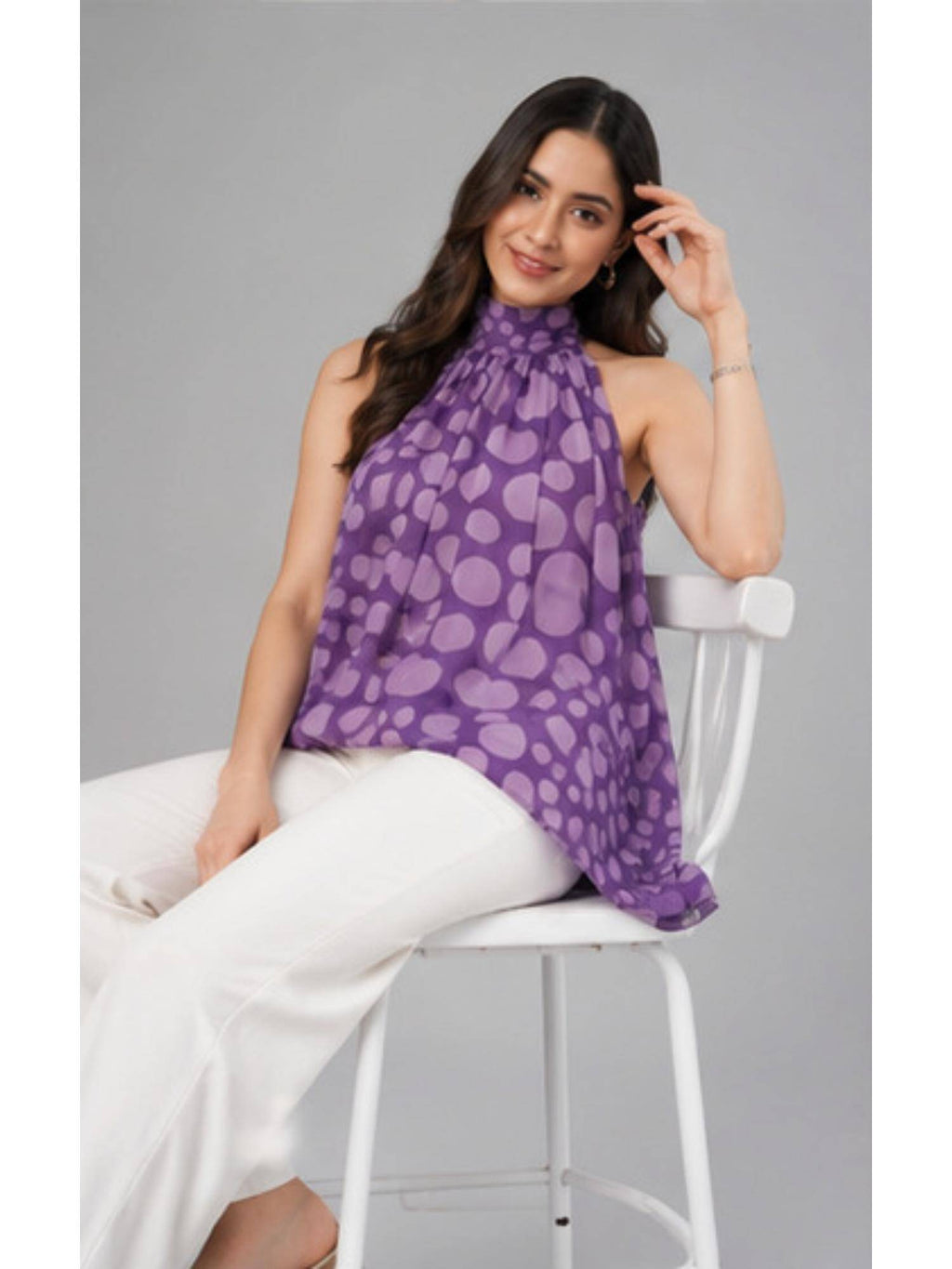 Women Purple Printed High-Neck Flared Top | HT67 - view 6