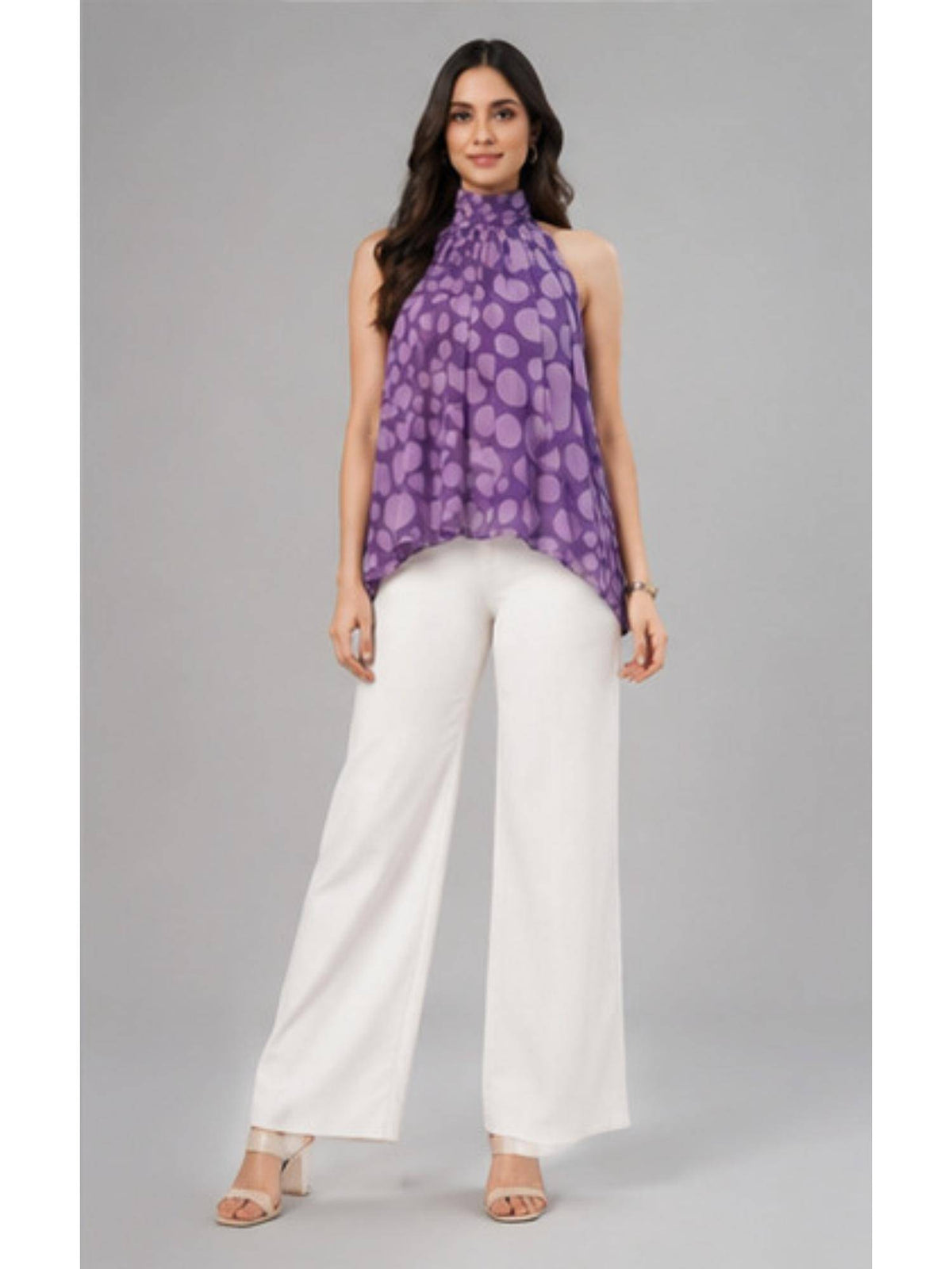 Women Purple Printed High-Neck Flared Top | HT67 - view 7